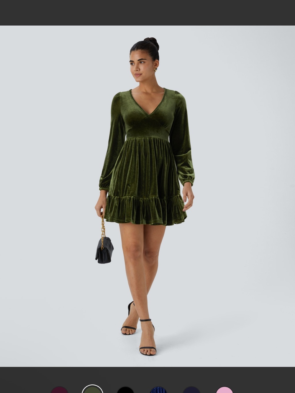 Halara Olive Green Velvet V-Neck Ruffle Mini Dress